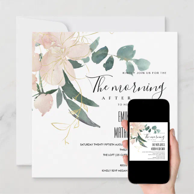 SOFT BLUSH GOLD FLORAL THE MORNING AFTER WEDDING INVITATION | Zazzle