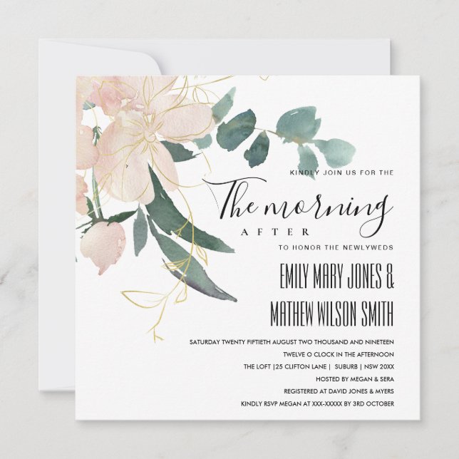 SOFT BLUSH GOLD FLORAL THE MORNING AFTER WEDDING INVITATION (Front)