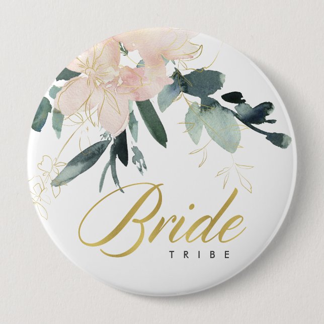 SOFT BLUSH GOLD FLORAL WATERCOLOR BRIDE TRIBE BUTTON (Front)