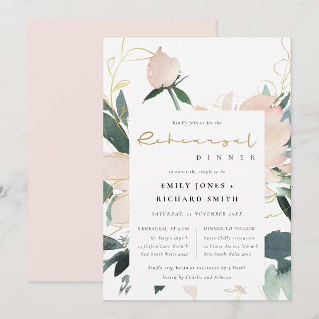 SOFT BLUSH GOLD FLORAL WATERCOLOR REHEARSAL DINNER INVITATION (Front/Back)