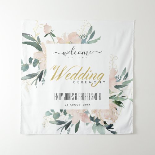 SOFT BLUSH GOLD FLORAL WATERCOLOR WEDDING WELCOME TAPESTRY