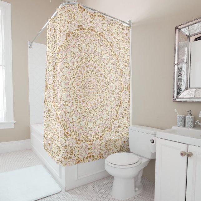 Soft Blush Gold Mandala Pattern Shower Curtain (In Situ)