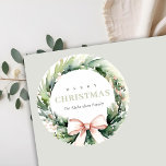 Soft Blush Green Christmas Wreath Watercolor Classic Round Sticker<br><div class="desc">If you need any further customisation please feel free to message me on yellowfebstudio@gmail.com.</div>