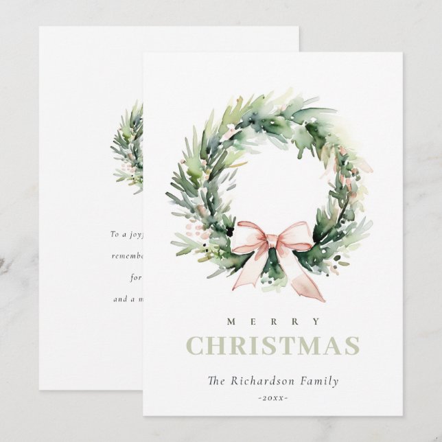 Soft Blush Green Christmas Wreath Watercolor Holiday Card (Front/Back)