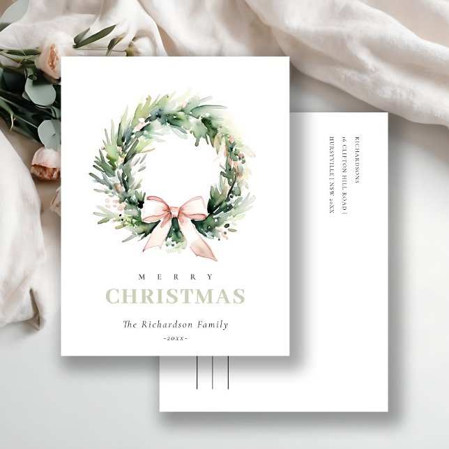 Soft Blush Green Christmas Wreath Watercolor Holiday Postcard (Creator Uploaded)