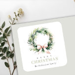 Soft Blush Green Christmas Wreath Watercolor Square Sticker<br><div class="desc">If you need any further customisation please feel free to message me on yellowfebstudio@gmail.com.</div>