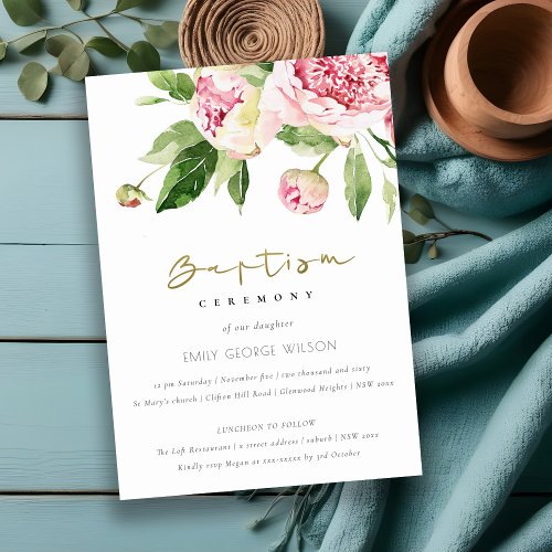 Soft Blush Green Floral Peony Watercolor Baptism Invitation