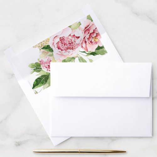 Soft Blush Green Peony Floral Watercolor Wedding  Envelope Liner