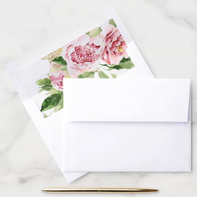 Soft Blush Green Peony Floral Watercolor Wedding  Envelope Liner (Desk)