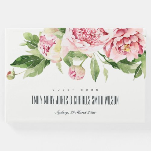 SOFT BLUSH GREEN PEONY FLORAL WATERCOLOR WEDDING G GUEST BOOK