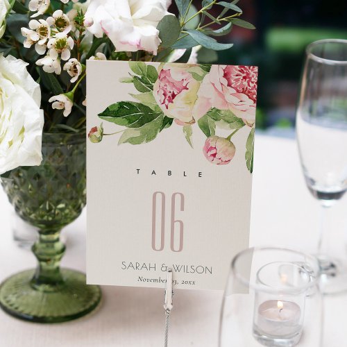 SOFT BLUSH GREEN PEONY FLORAL WATERCOLOR WEDDING  TABLE NUMBER
