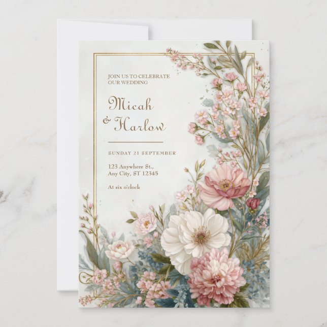 Soft Blush Ivory Floral Romantic Botanical Wedding Invitation (Front)
