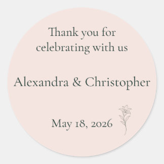 Soft Blush Lily Personalized Wedding Thank You Classic Round Sticker