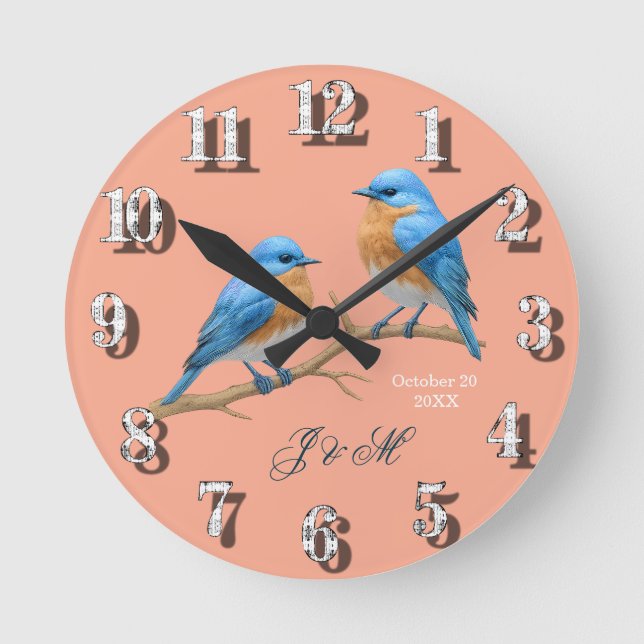 Soft Blush Lovebirds Romantic Bluebirds Wedding Round Clock (Front)