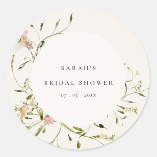 Soft Blush Meadow Floral Wreath Bridal Shower Classic Round Sticker