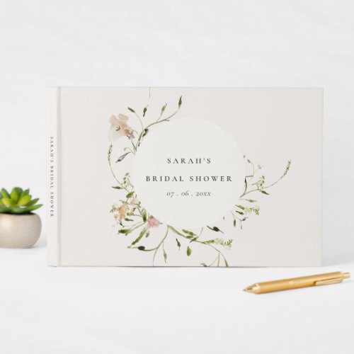 Soft Blush Meadow Floral Wreath Bridal Shower Guest Book