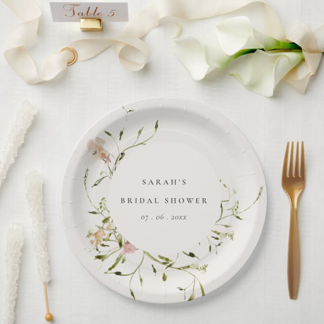 Soft Blush Meadow Floral Wreath Bridal Shower Paper Plates (Wedding)
