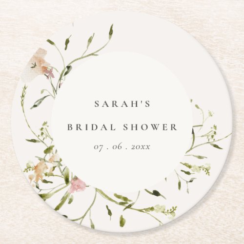 Soft Blush Meadow Floral Wreath Bridal Shower Round Paper Coaster