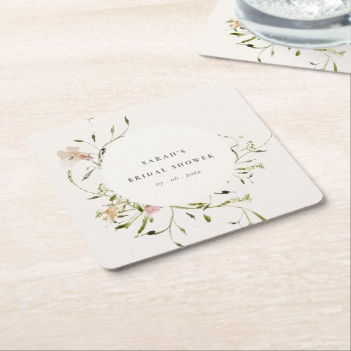 Soft Blush Meadow Floral Wreath Bridal Shower Square Paper Coaster