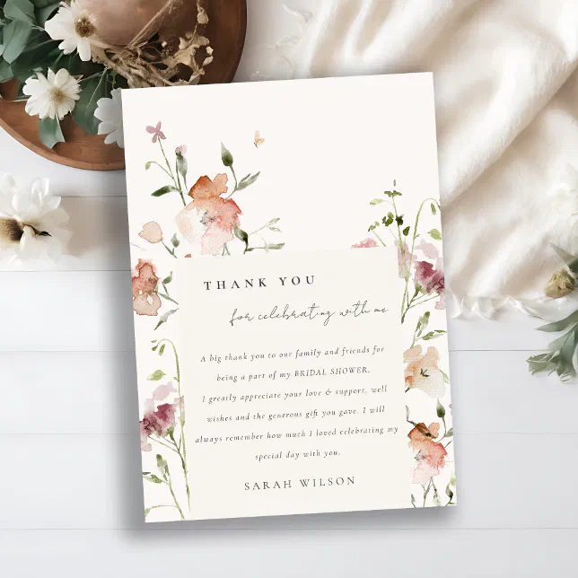 Soft Blush Meadow Watercolor Floral Bridal Shower Thank You Card | Zazzle