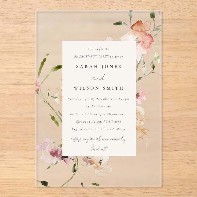 Soft Blush Meadow Watercolor Floral Engagement  Acrylic Invitations (Front)