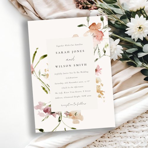 Soft Blush Meadow Watercolor Floral Frame Wedding Invitation