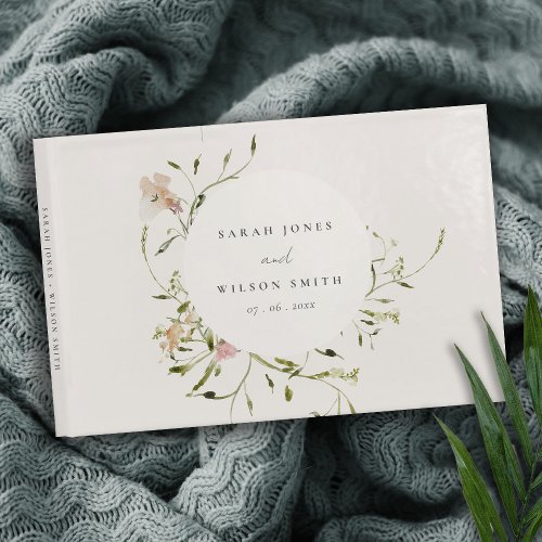 Soft Blush Meadow Watercolor Floral Wreath Wedding Guest Book