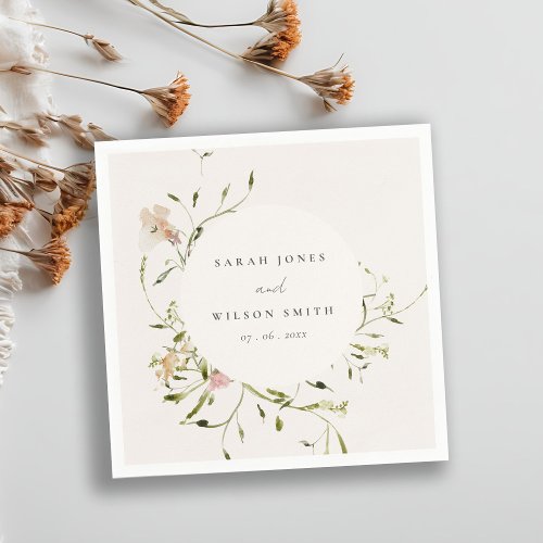 Soft Blush Meadow Watercolor Floral Wreath Wedding Napkins