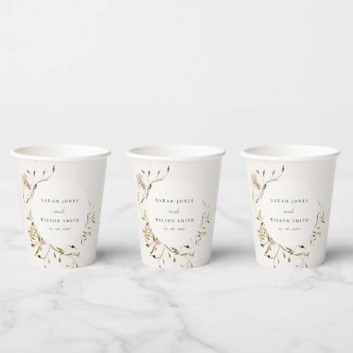 Soft Blush Meadow Watercolor Floral Wreath Wedding Paper Cups