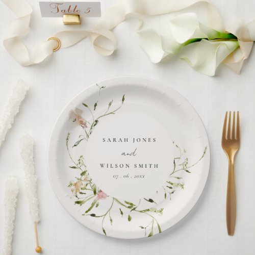 Soft Blush Meadow Watercolor Floral Wreath Wedding Paper Plates