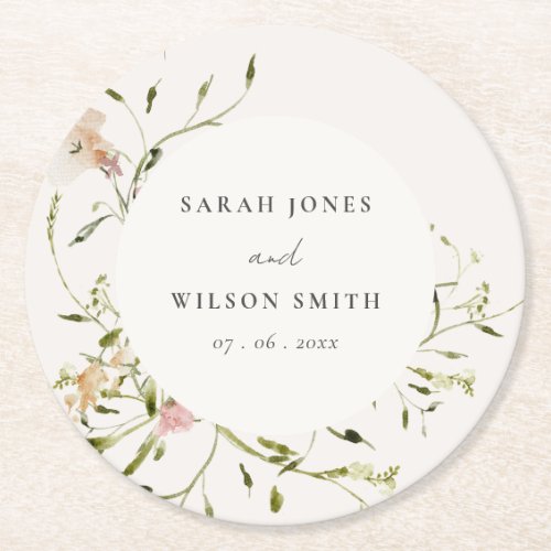 Soft Blush Meadow Watercolor Floral Wreath Wedding Round Paper Coaster