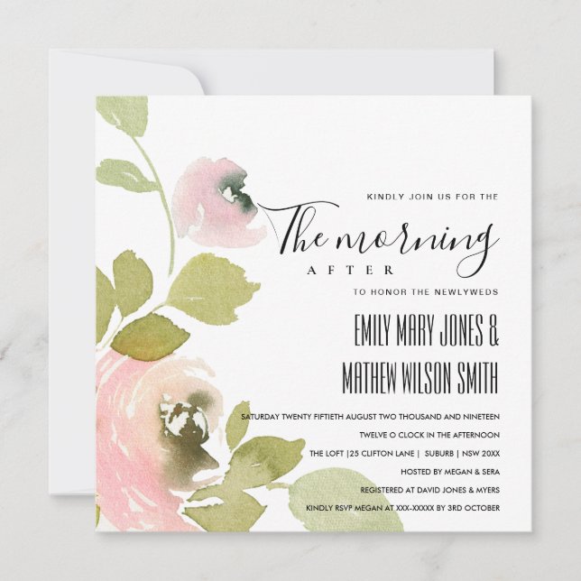 SOFT BLUSH PASTEL FLORAL THE MORNING AFTER WEDDING INVITATION (Front)