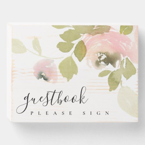SOFT BLUSH PASTEL ROSE WATERCOLOR FLORAL GUESTBOOK WOODEN BOX SIGN