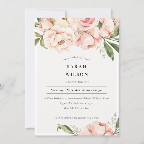 Soft Blush Peach Peony Floral Bridal Shower Invite