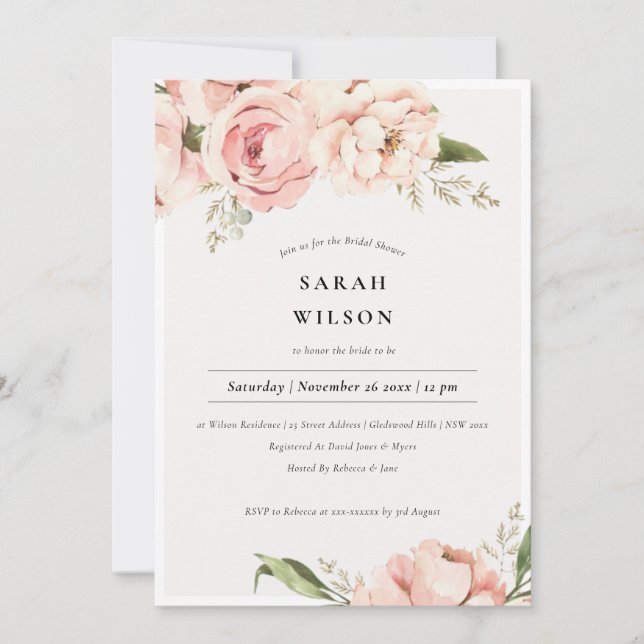 Soft Blush Peach Peony Floral Bridal Shower Invite (Front)