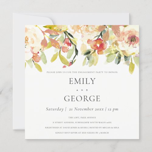 SOFT BLUSH PEACH PINK WATERCOLOR FLORAL ENGAGEMENT INVITATION