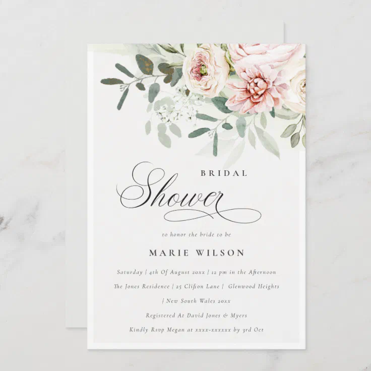 Soft Blush Peony Eucalyptus Foliage Bridal Shower Invitation