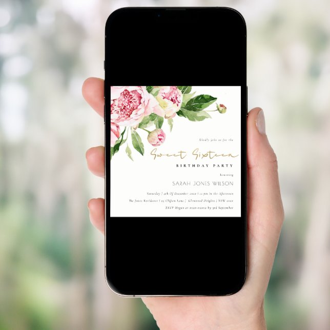 Soft Blush Peony Floral Sweet Sixteen Birthday Invitation (Front Digital)