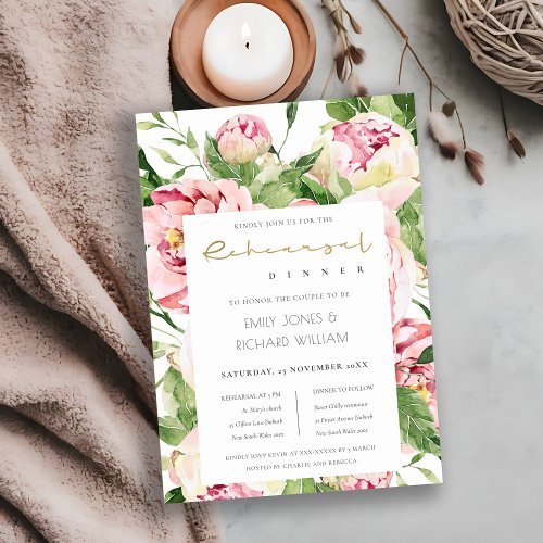SOFT BLUSH PEONY FLORAL WATERCOLOR REHEARSAL DINER INVITATION