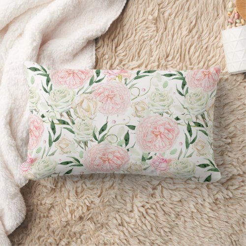 Soft Blush Peony & Rose Watercolor Floral Pattern Lumbar Pillow