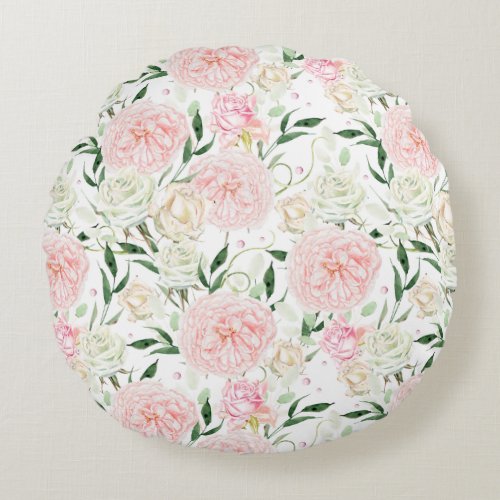 Soft Blush Peony & Rose Watercolor Floral Pattern Round Pillow