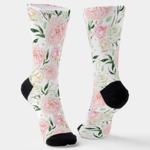 Soft Blush Peony & Rose Watercolor Floral Pattern Socks