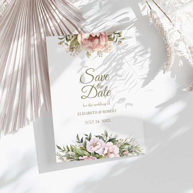 Soft Blush Peony Save The Date Card (Soft Blush Peony Save The Date Card on a sunny white table with botanical decor)