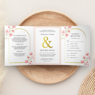 Soft Blush Pink Cherry Blossom Floral Arch Wedding Tri-Fold Invitation