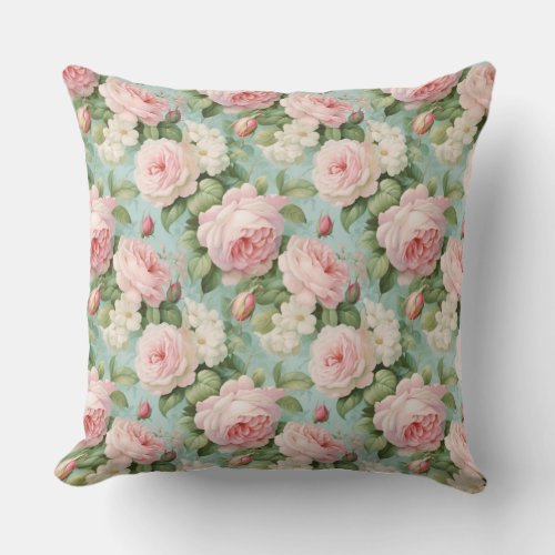 Soft blush pink English roses shabby chic vintage Throw Pillow