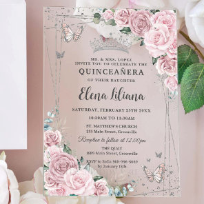 Soft Blush Pink Floral Butterflies Quinceanera 15 Acrylic Invitations