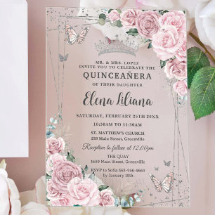 Soft Blush Pink Floral Butterflies Quinceanera 15 Acrylic Invitations