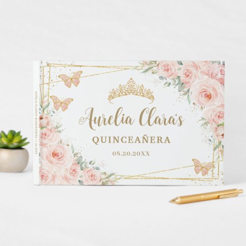 Soft Blush Pink Floral Butterflies Quinceanera Guest Book