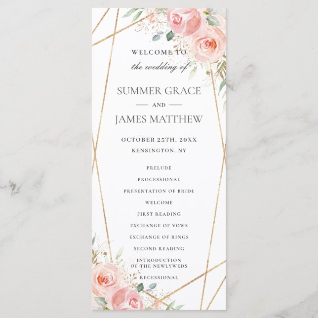 Soft Blush Pink Floral Geometric Wedding Program (Front)
