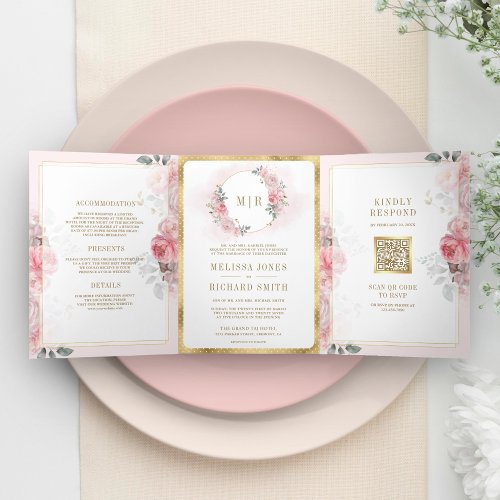 Soft Blush Pink Floral Gold All in One Wedding Tri_Fold Invitation